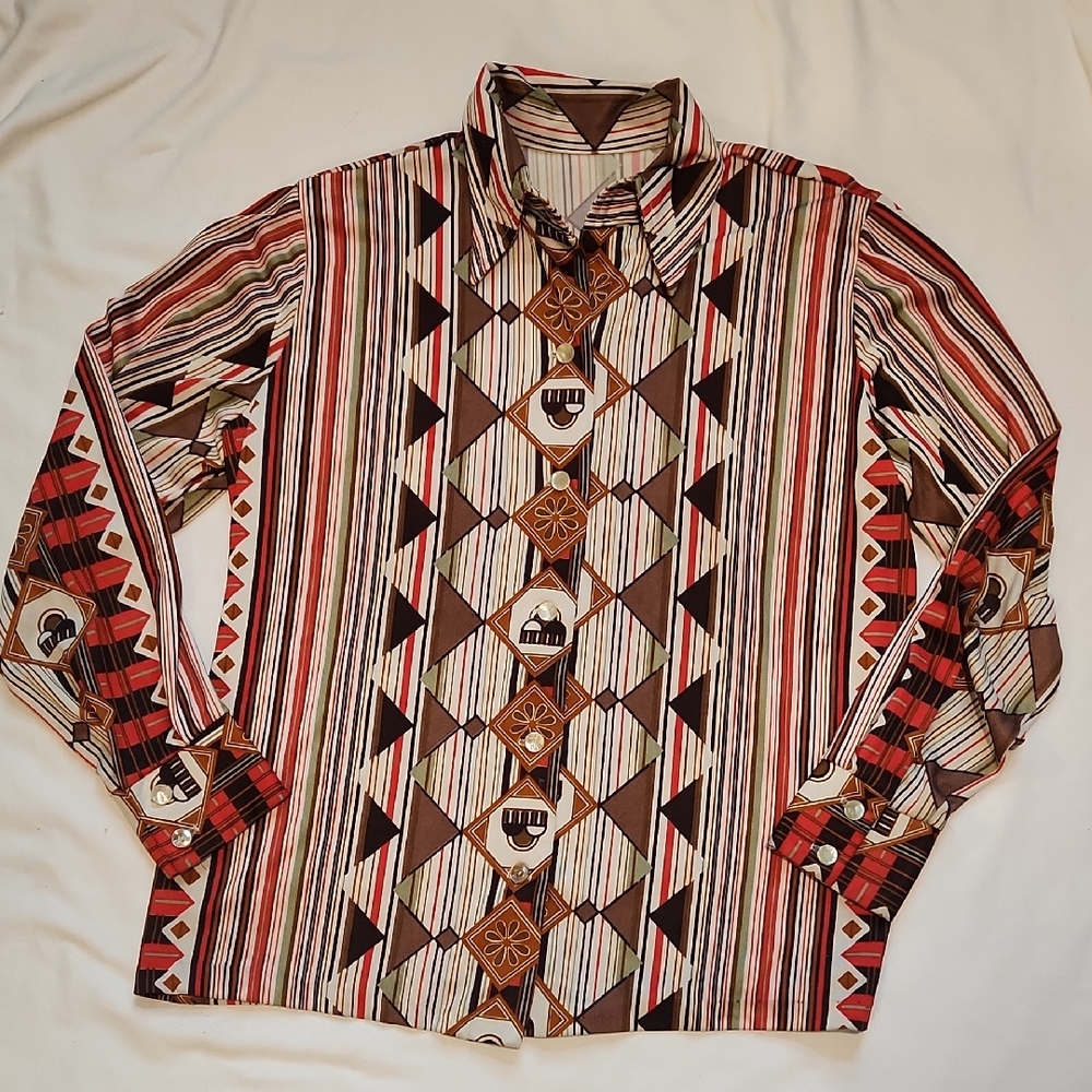 Vintage | 1970's Geometric Patterned Button-Up Shirt Sz M